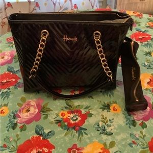 NWOT Harrods black patent leather purse with makeup case
